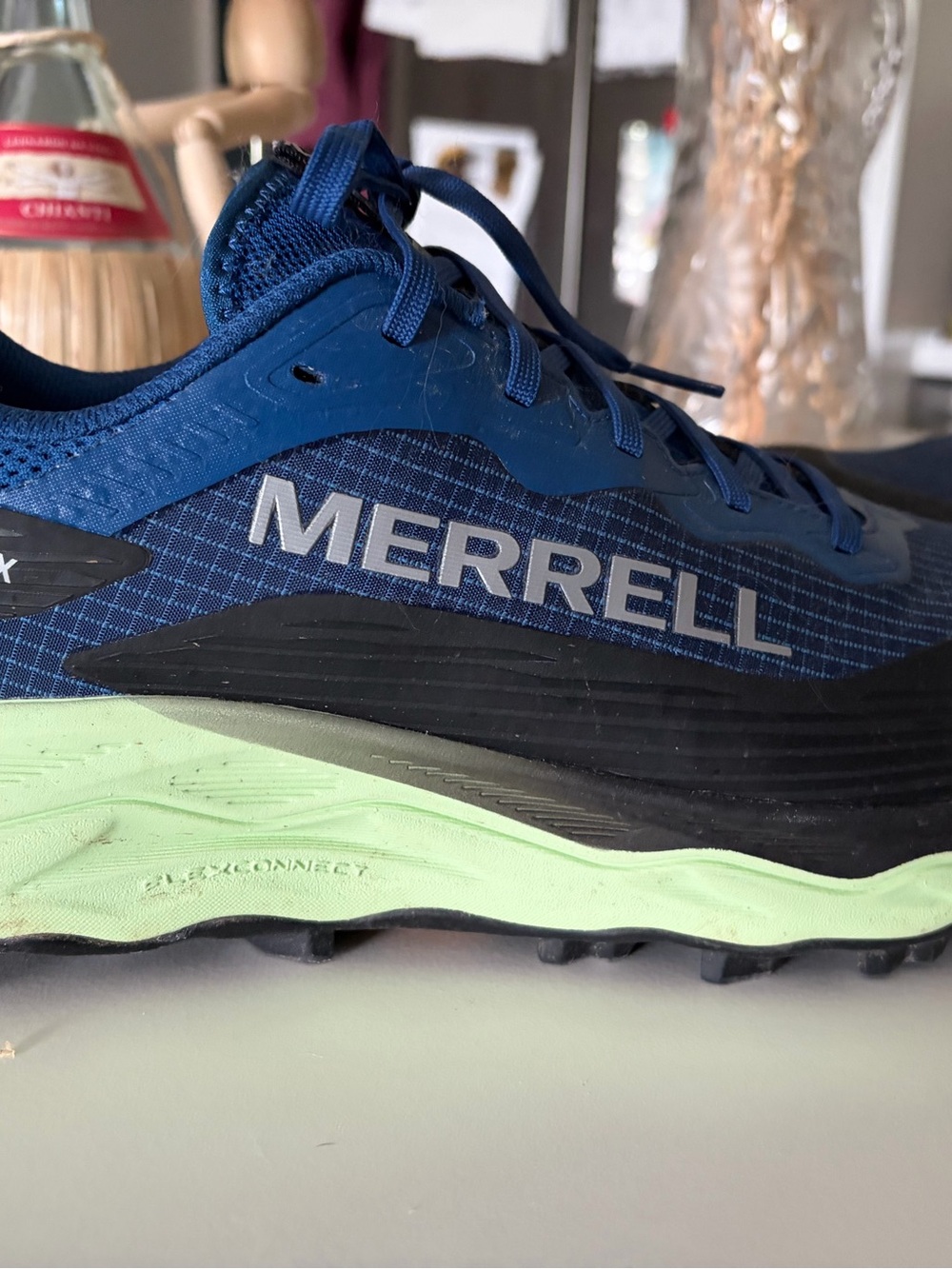 Merrell Peak 6 Men's Gore-Tex Navy Blue Trail Shoe with Mint Green Midsole.